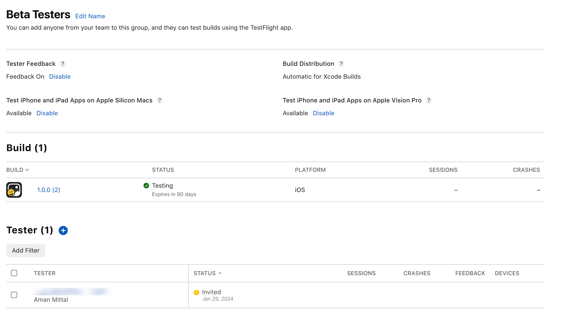 Create a test user group in App Store Connect