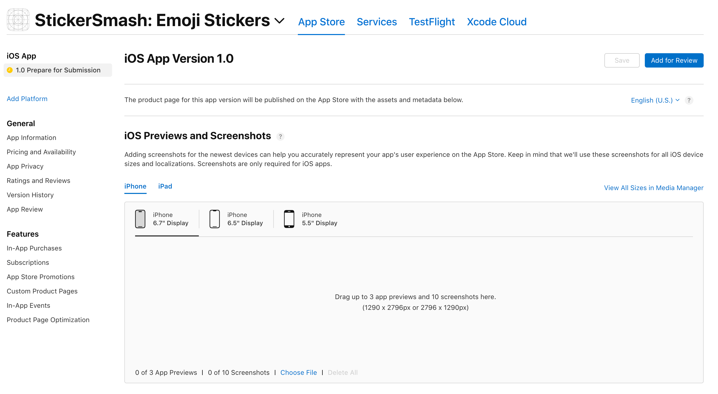 App Store Connect showing the app details and screenshots