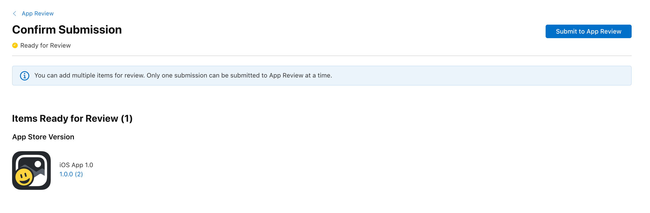 App Store Connect showing the app submission for review