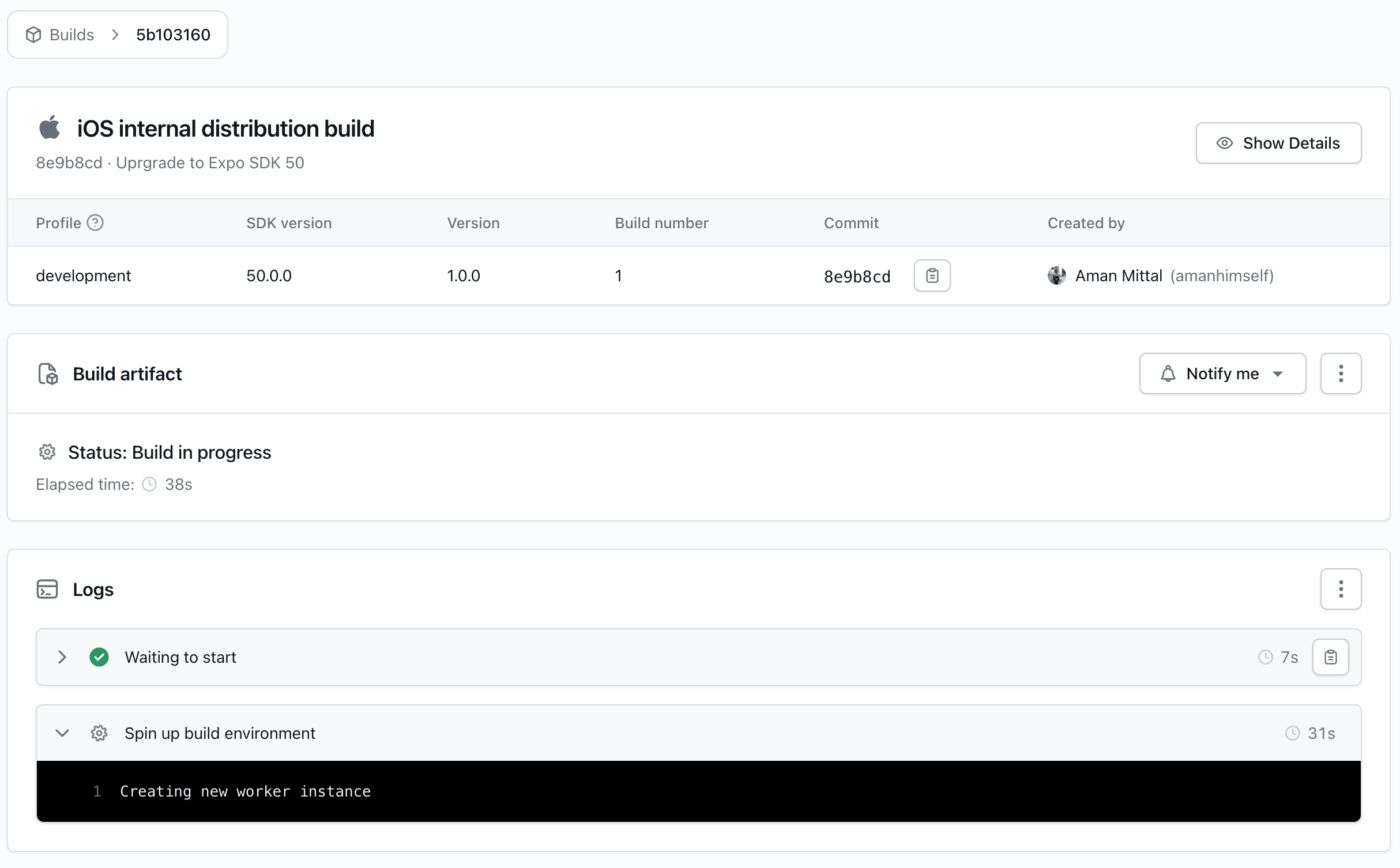 iOS preview build details and progress in Expo dashboard